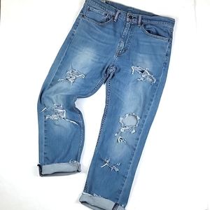 Levi's 505 Classic Straight Leg Light Wash Distressed Ripped Stretch Jean